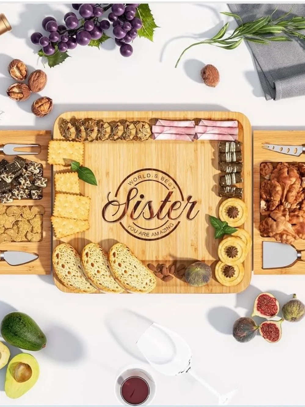 “World’s Best Sister You Are Amazing” Charcuterie Bamboo Serving Board NWT